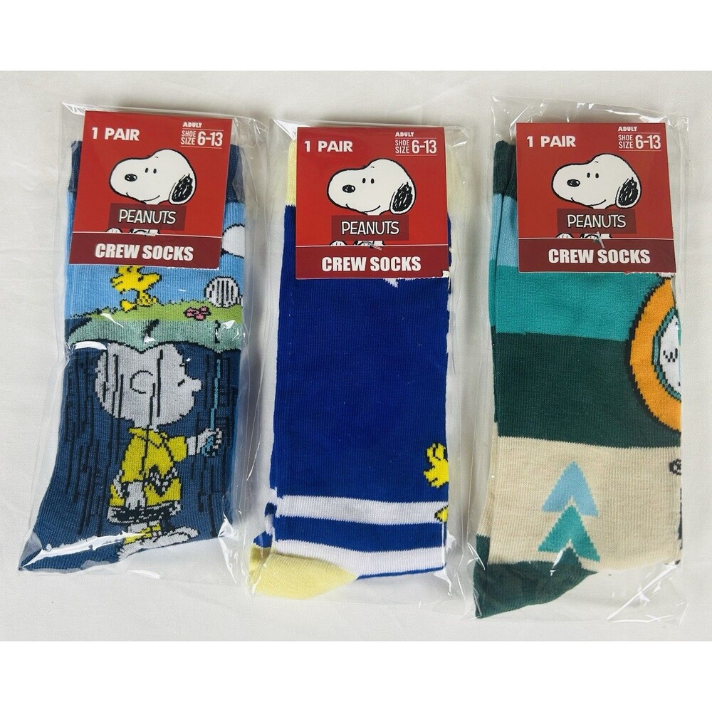 New Peanuts Cartoon Crew Socks Adult Shoe Size 6-13 Novelty Fun Set of 3 Pairs